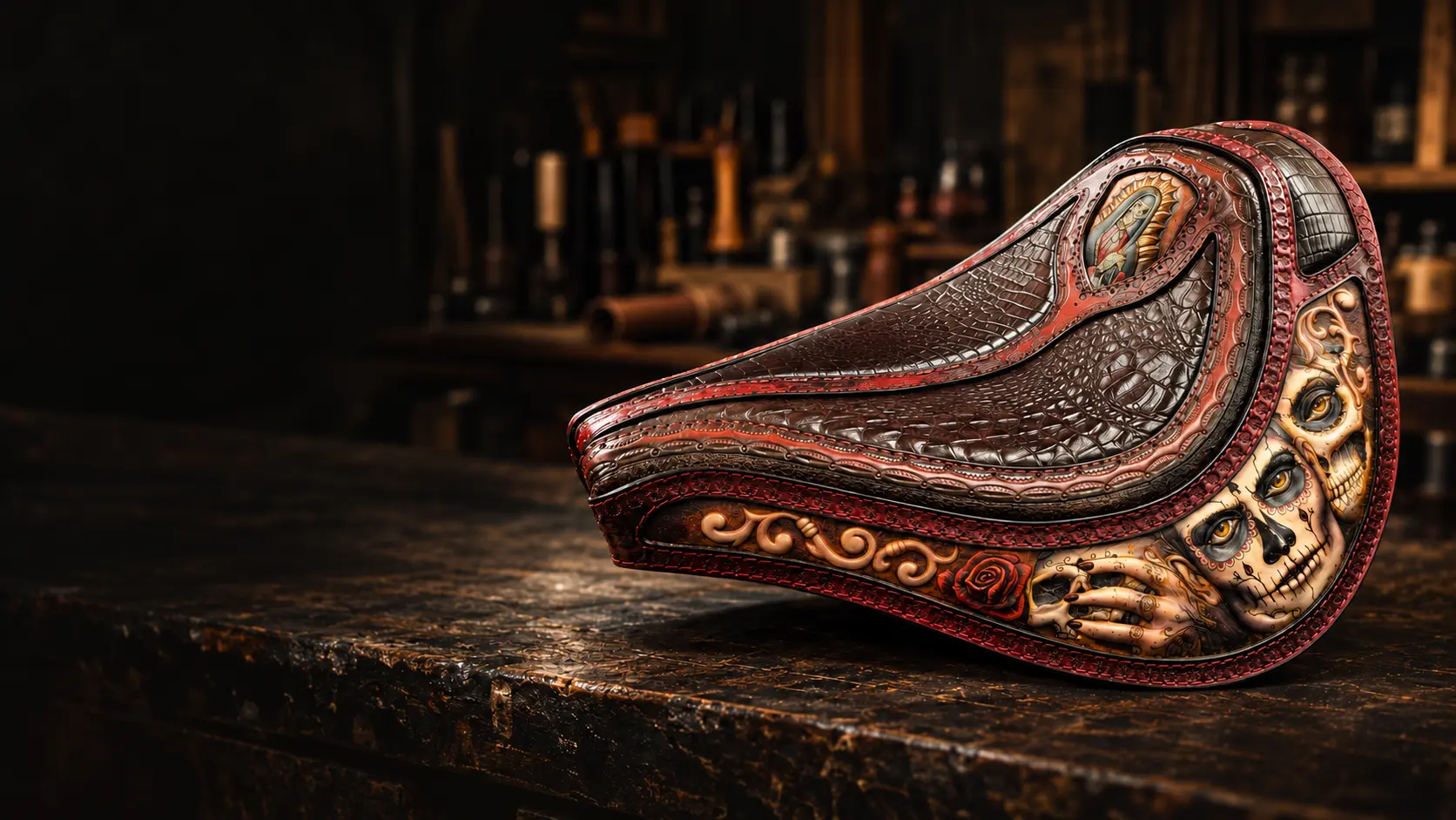 Hand-tooled custom motorcycle seat with crocodile leather, painted sugar skulls and roses